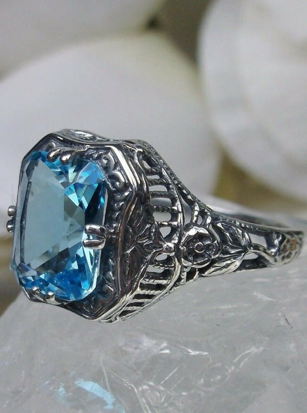 Sky Blue Aquamarine Ring, Lovely Rectangle, Victorian Jewelry, Sterling Silver Filigree, Silver Embrace Jewelry D148