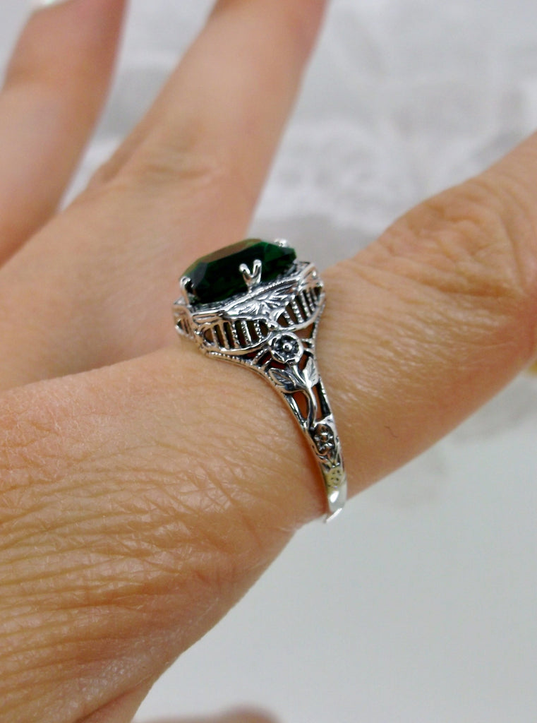 Green Emerald Ring, Lovely Rectangle Design, Sterling Silver filigree, Silver Embrace jewelry, D148 Lovely Rectangle