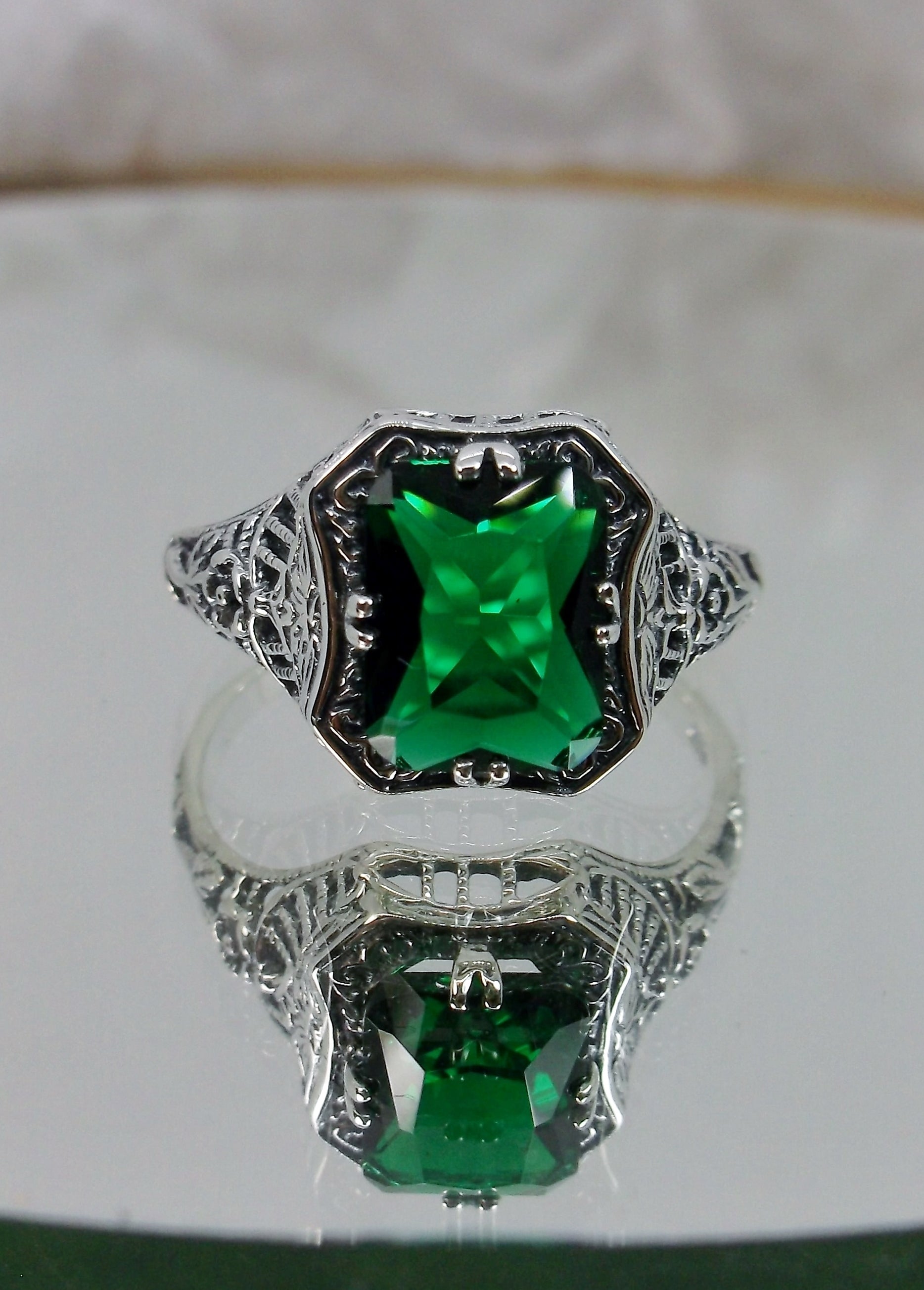 Halo emerald cut emerald engagement ring, vivid green emerald ring, green  gemstone ring, rectangular ring, white/rose gold plated silver