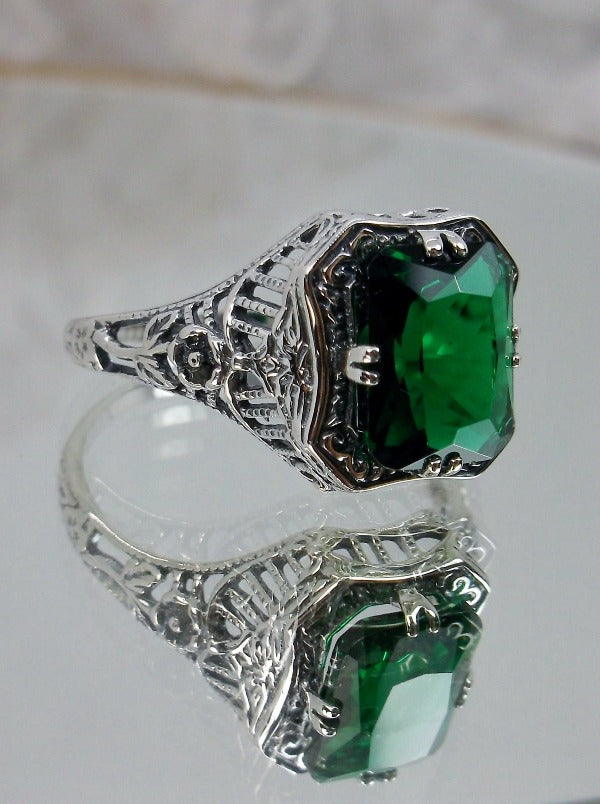 Green Emerald Ring, Lovely Rectangle, Victorian Jewelry, Sterling Silver Filigree, Silver Embrace Jewelry D148