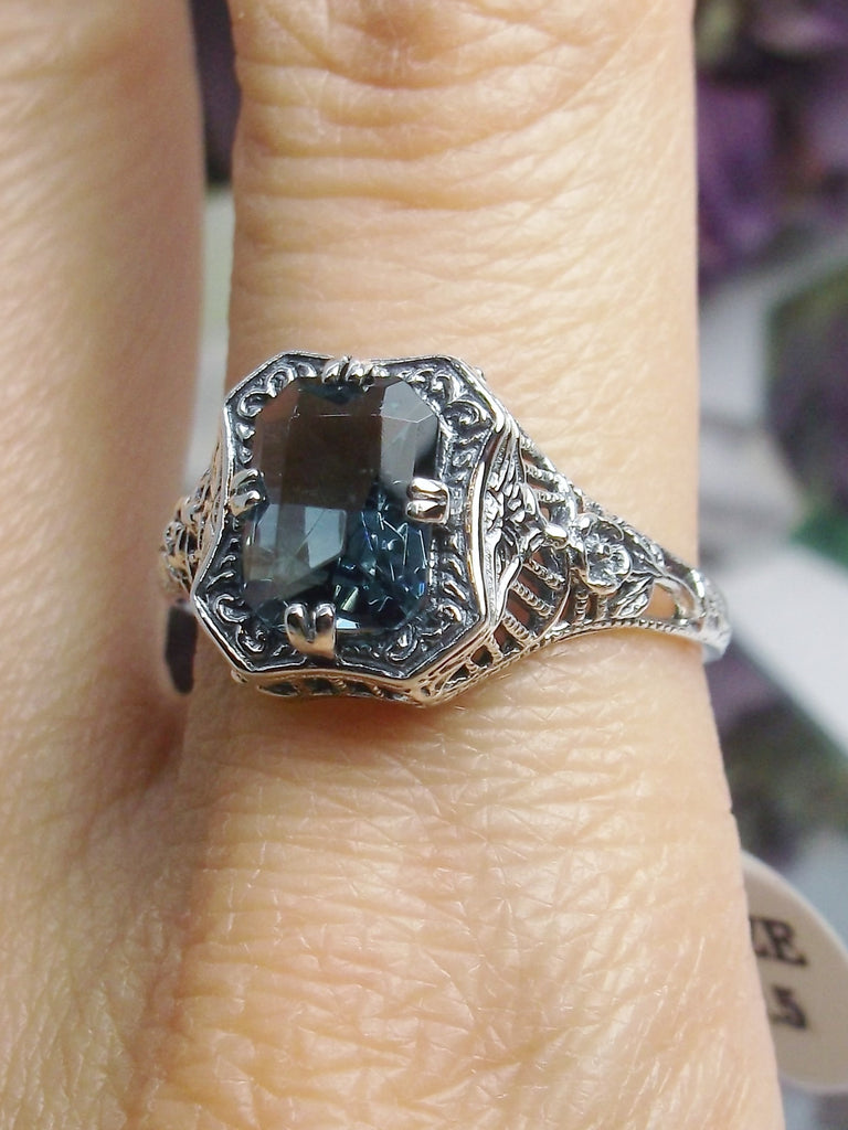 Natural London Blue Topaz Ring, Lovely Rectangle, Victorian Jewelry, Silver Embrace Jewelry