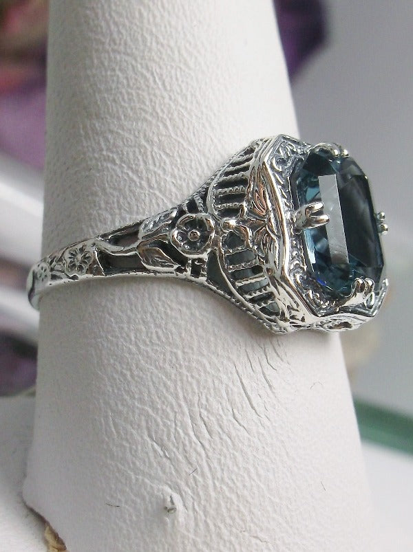 London Blue Topaz Ring, Lovely Rectangle, Victorian Jewelry, Sterling Silver Filigree,  Silver Embrace Jewelry D148