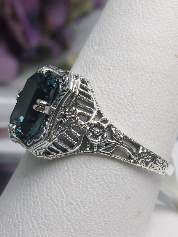 Natural London Blue Topaz Ring, Lovely Rectangle, Victorian Jewelry, Sterling Silver Filigree, Silver Embrace Jewelry D148