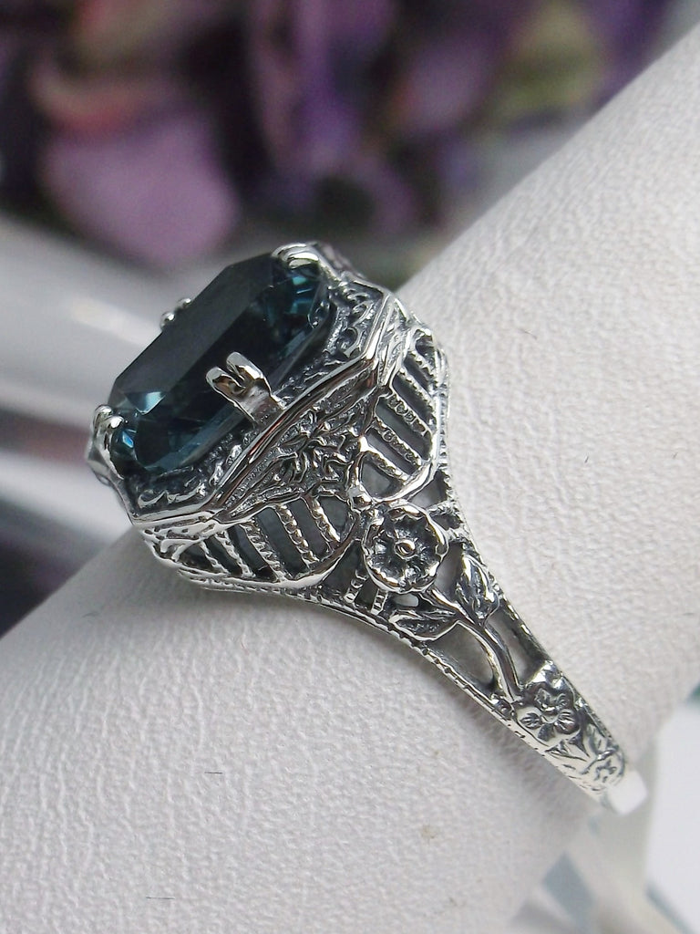 Natural London Blue Topaz Ring, Lovely Rectangle, Victorian Jewelry, Silver Embrace Jewelry