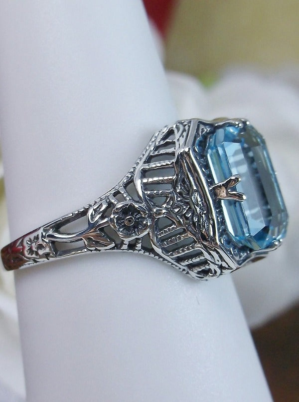 Natural Blue Topaz (Sky Blue) Ring, Lovely Rectangle, Victorian Jewelry, Sterling Silver Filigree, Silver Embrace Jewelry D148