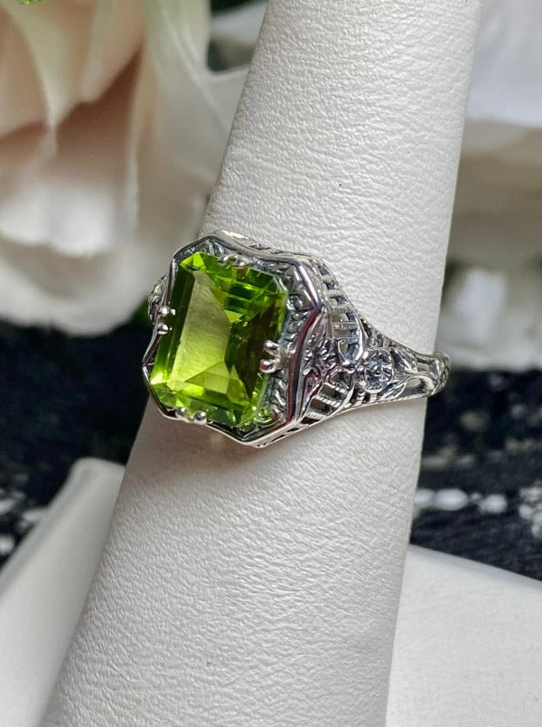 Natural Green Peridot Ring, Lovely Rectangle, Victorian Jewelry, Sterling Silver Filigree, Silver Embrace Jewelry D148