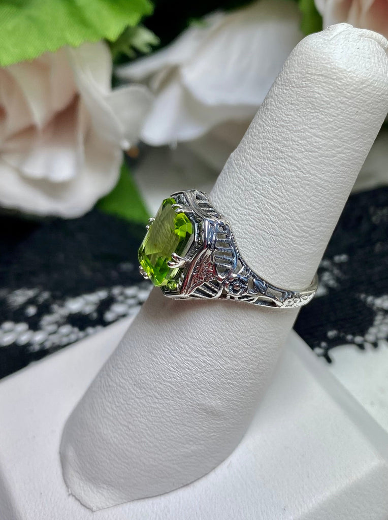 Natural Green Peridot Ring, Lovely Rectangle Design, Edwardian Vintage style jewelry, Sterling Silver Filigree, Silver Embrace Jewelry, D148 Lovely Rectangle