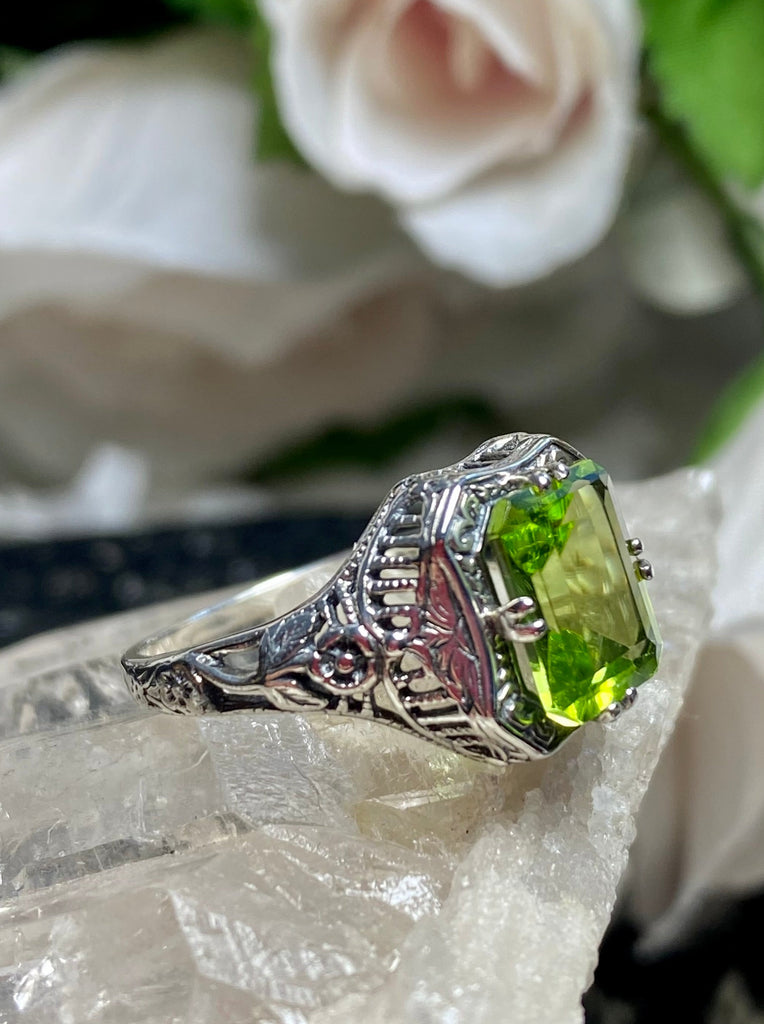 Natural Green Peridot Ring, Lovely Rectangle Design, Edwardian Vintage style jewelry, Sterling Silver Filigree, Silver Embrace Jewelry, D148 Lovely Rectangle