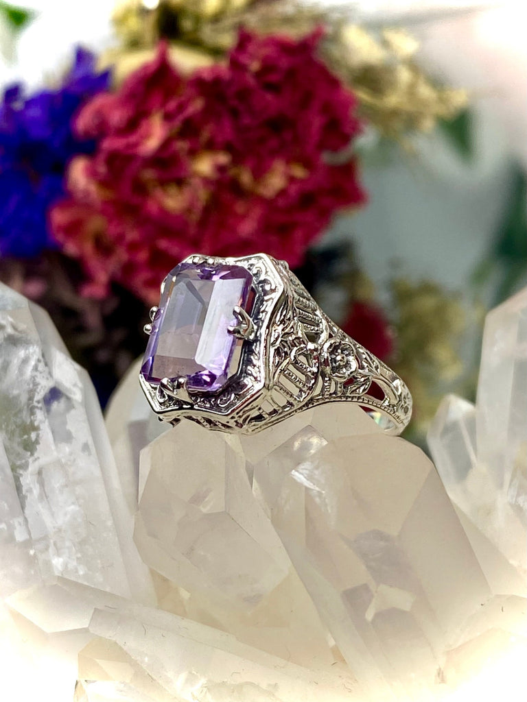 Natural purple Amethyst Ring, Lovely Rectangle, Victorian Jewelry, Sterling Silver Filigree, Silver Embrace Jewelry D148
