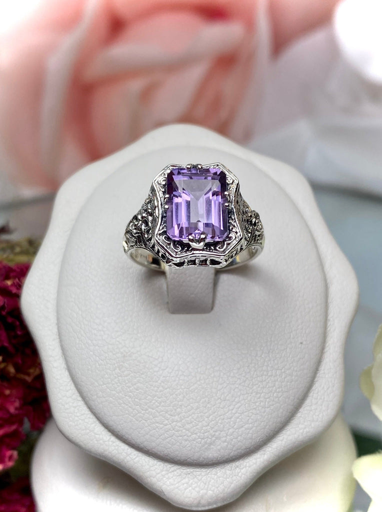 Natural purple Amethyst  Ring, Lovely Rectangle, Victorian Jewelry, Sterling Silver Filigree, Silver Embrace Jewelry D148