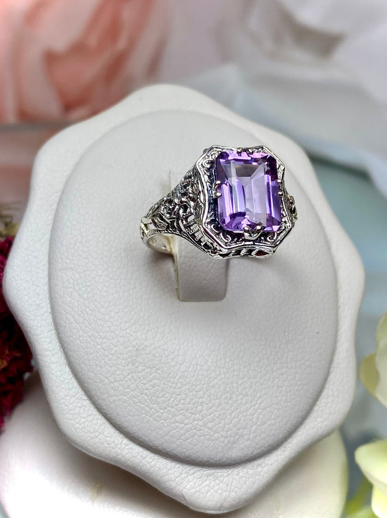 Natural Purple Amethyst Ring, Lovely Rectangle, Victorian Jewelry, Sterling Silver Filigree, Silver Embrace Jewelry D148