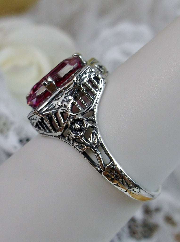 Natural Pink Topaz Ring, Lovely Rectangle, Victorian Jewelry, Sterling Silver Filigree, Silver Embrace Jewelry D148