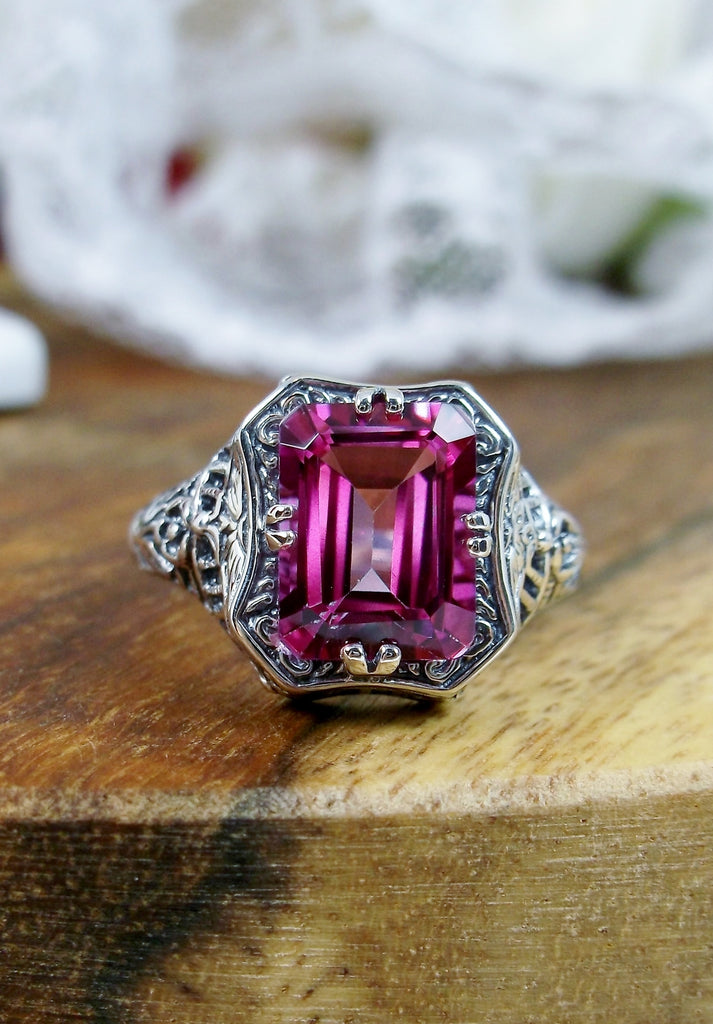 Natural Pink Topaz Ring, Lovely Rectangle, Victorian Jewelry, Sterling Silver Filigree, Silver Embrace Jewelry D148