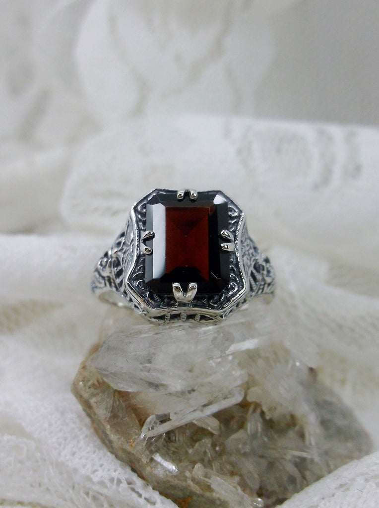 Natural Red Garnet Ring, Lovely Rectangle, Victorian Jewelry, Sterling Silver Filigree, Silver Embrace Jewelry D148