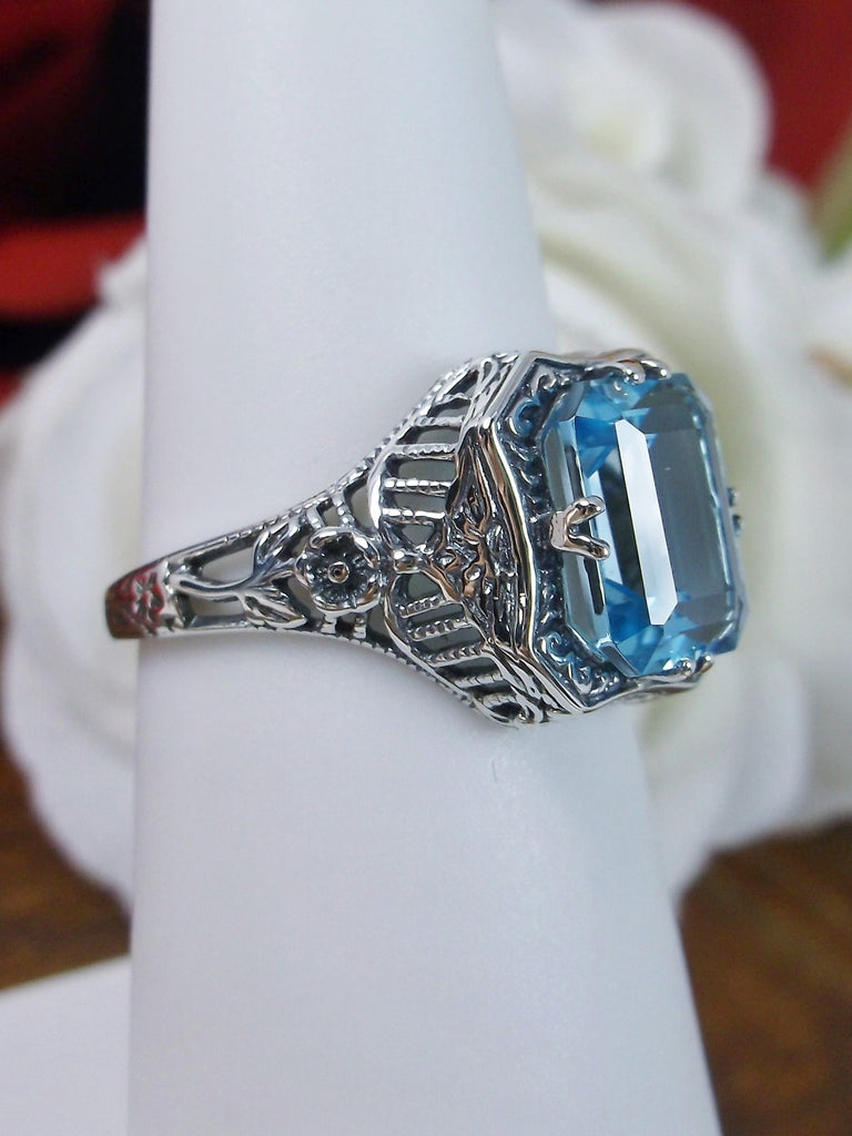 Natural Blue Topaz Ring, Lovely Rectangle, Victorian Jewelry, Silver Embrace Jewelry