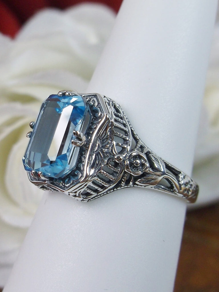 Natural Blue Topaz Ring, Lovely Rectangle, Victorian Jewelry, Silver Embrace Jewelry