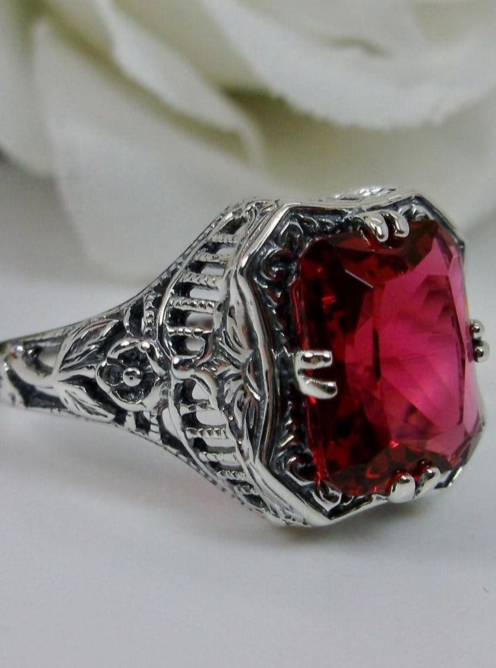 Red Ruby Ring, Lovely Rectangle Design, Sterling Silver Filigree, Edwardian Jewelry, Silver Embrace jewelry, D148 lovely rectangle