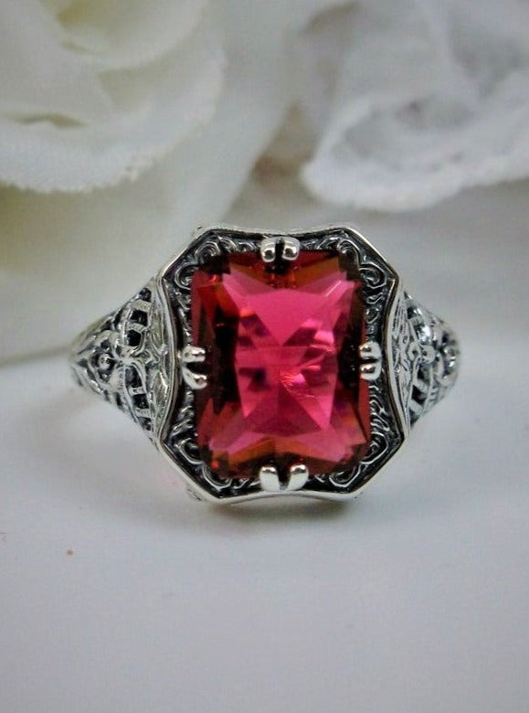 Red Ruby Ring, Lovely Rectangle Design, Sterling Silver Filigree, Edwardian Jewelry, Silver Embrace jewelry, D148 lovely rectangle