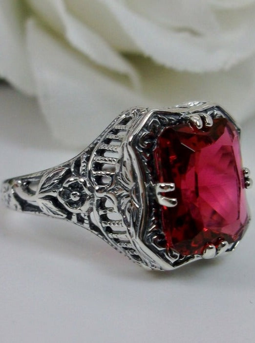 Red Ruby Ring, Lovely Rectangle, Victorian Jewelry, Sterling Silver Filigree, Silver Embrace Jewelry D148