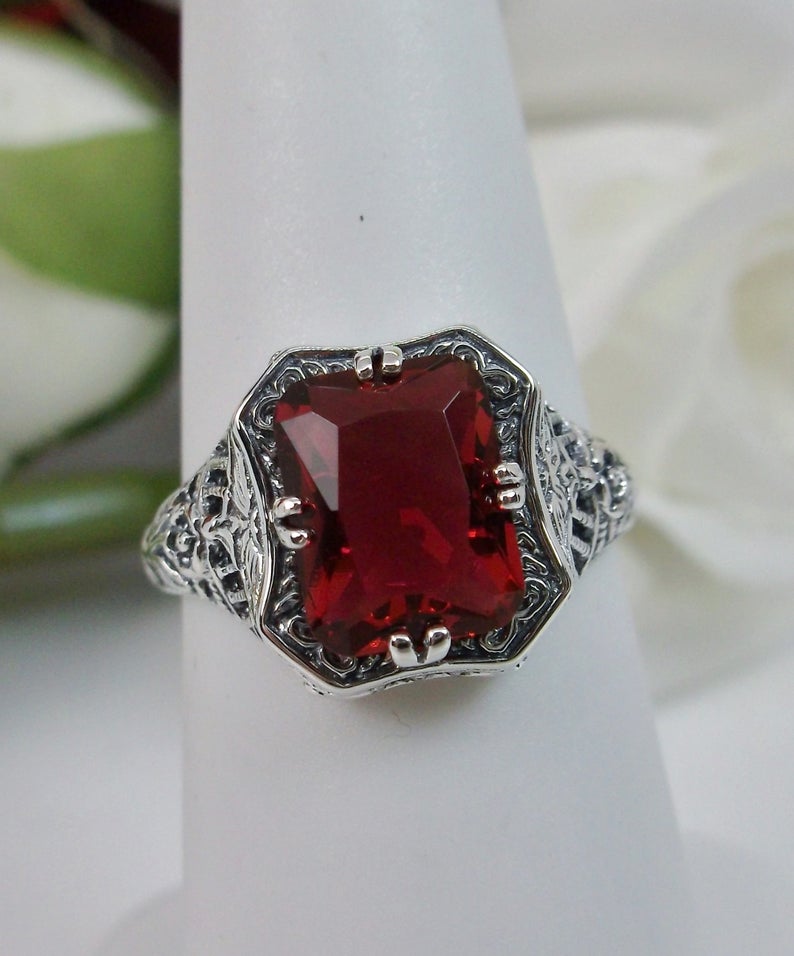 Red Garnet CZ Ring,  Lovely Rectangle, Victorian Jewelry, Sterling Silver Filigree, Silver Embrace Jewelry D148