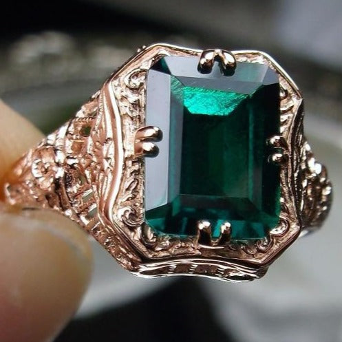 Natural Emerald Ring, Solid 14k Gold, Lovely Rectangle, Antique Filigree, Silver Embrace Jewelry D148