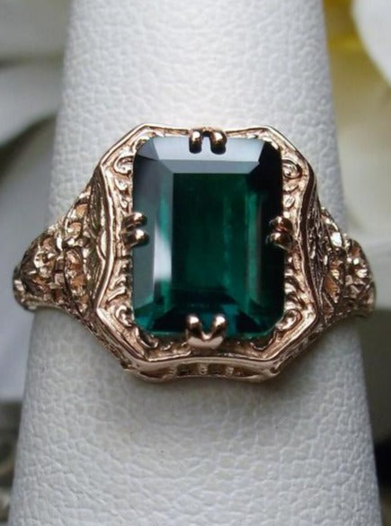 Natural Emerald Ring, Solid 14k Gold, Lovely Rectangle, Antique Filigree, Silver Embrace Jewelry D148 