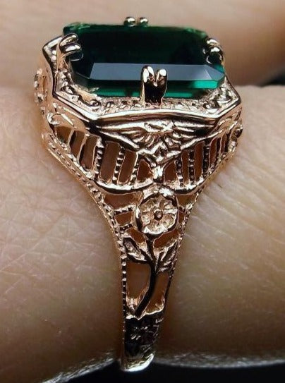 Natural Emerald Ring, Solid 14k Gold, Lovely Rectangle, Antique Filigree, Silver Embrace Jewelry D148