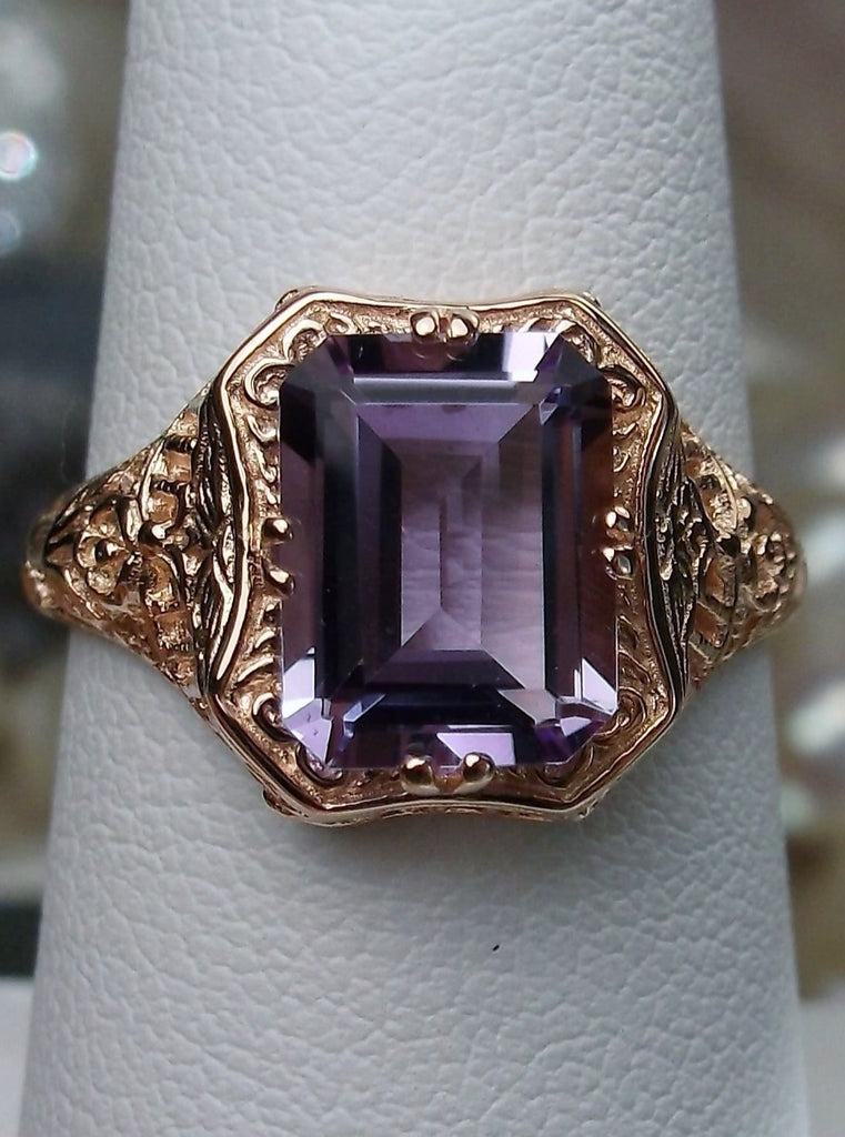 Natural Purple Amethyst Ring, Solid 14k Gold, Lovely Rectangle, Antique Filigree, Silver Embrace Jewelry D148