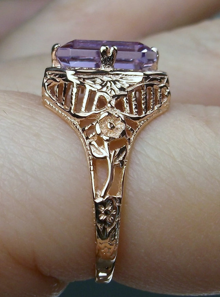 Natural Purple Amethyst Ring, Solid 14k Gold, Lovely Rectangle, Antique Filigree, Silver Embrace Jewelry D148