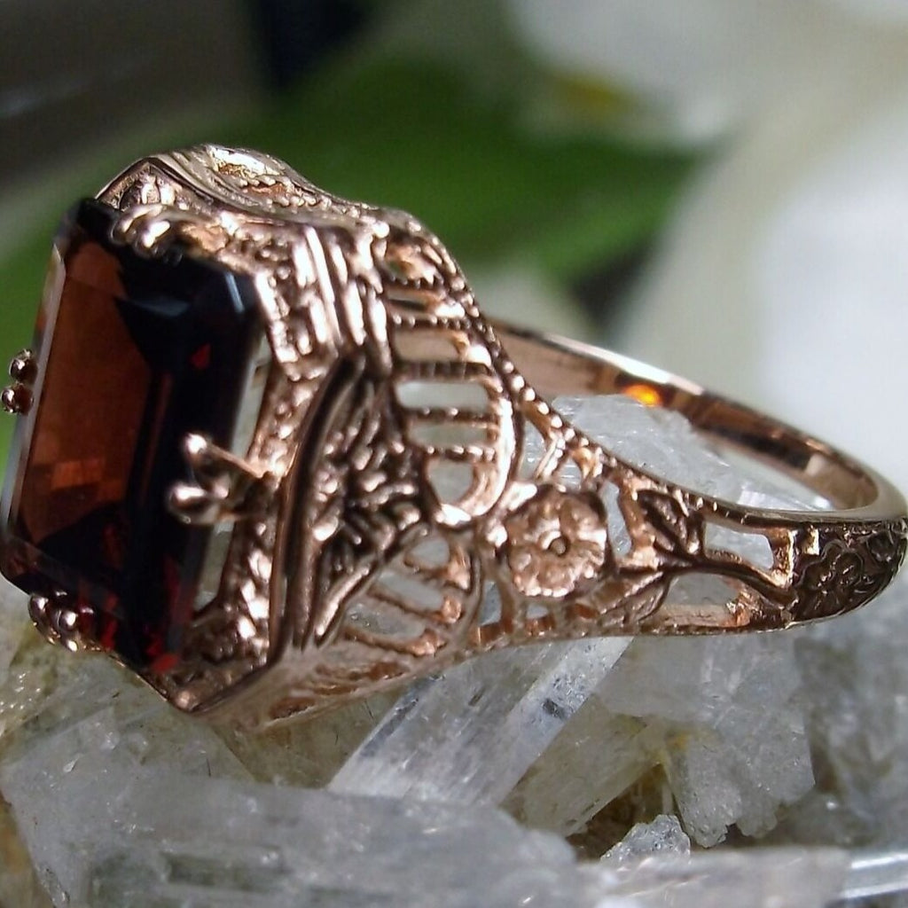 Natural Red Garnet Ring, Solid 14k Gold, Lovely Rectangle, Antique Filigree, Silver Embrace Jewelry D148