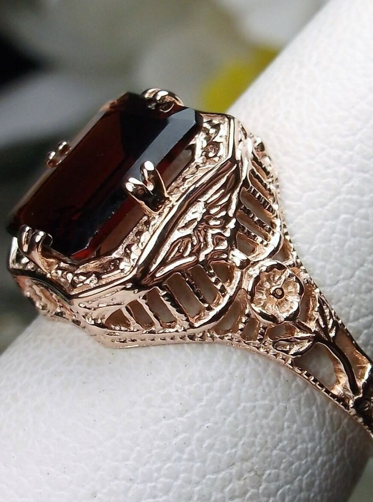 Natural Red Garnet Ring, Solid 14k Gold, Lovely Rectangle, Antique Filigree, Silver Embrace Jewelry D148