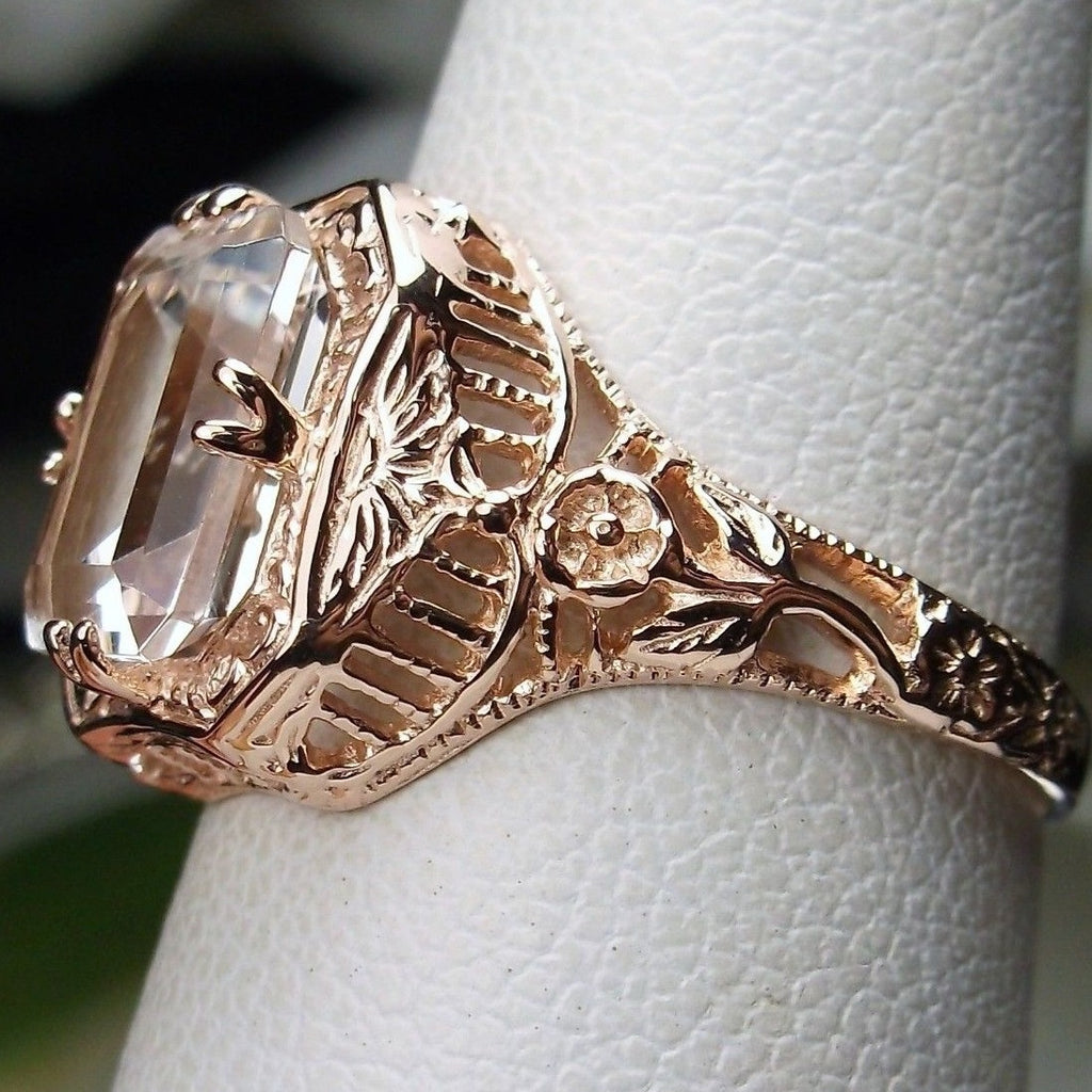 Natural White Topaz Ring, Solid 14k Gold, Lovely Rectangle, Antique Filigree, Silver Embrace Jewelry D148