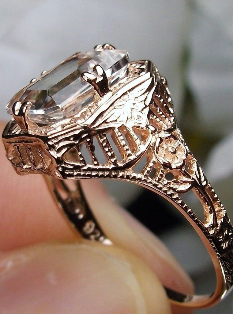 Natural White Topaz Ring, Solid 14k Gold, Lovely Rectangle, Antique Filigree, Silver Embrace Jewelry D148