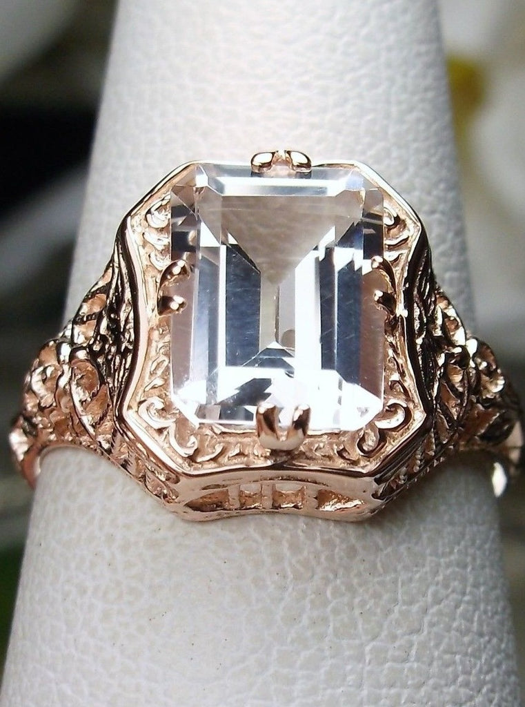 Natural White Topaz Ring, Solid 14k Gold, Lovely Rectangle, Antique Filigree, Silver Embrace Jewelry D148