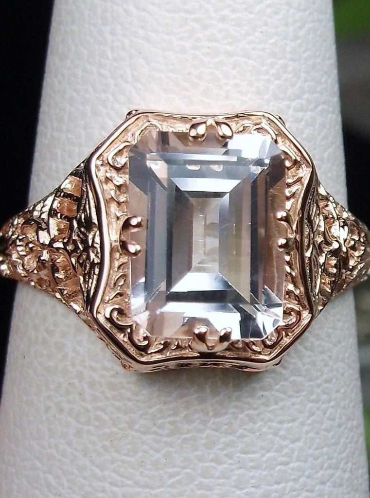 Natural White Topaz Ring, Solid 14k Gold, Lovely Rectangle, Antique Filigree, Silver Embrace Jewelry D148