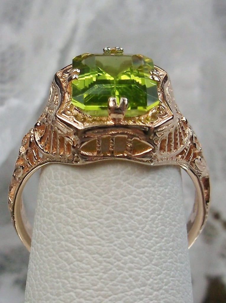 Natural Peridot Ring, Green Ring, Solid 14k Gold, Lovely Rectangle, Antique Filigree, Silver Embrace Jewelry D148