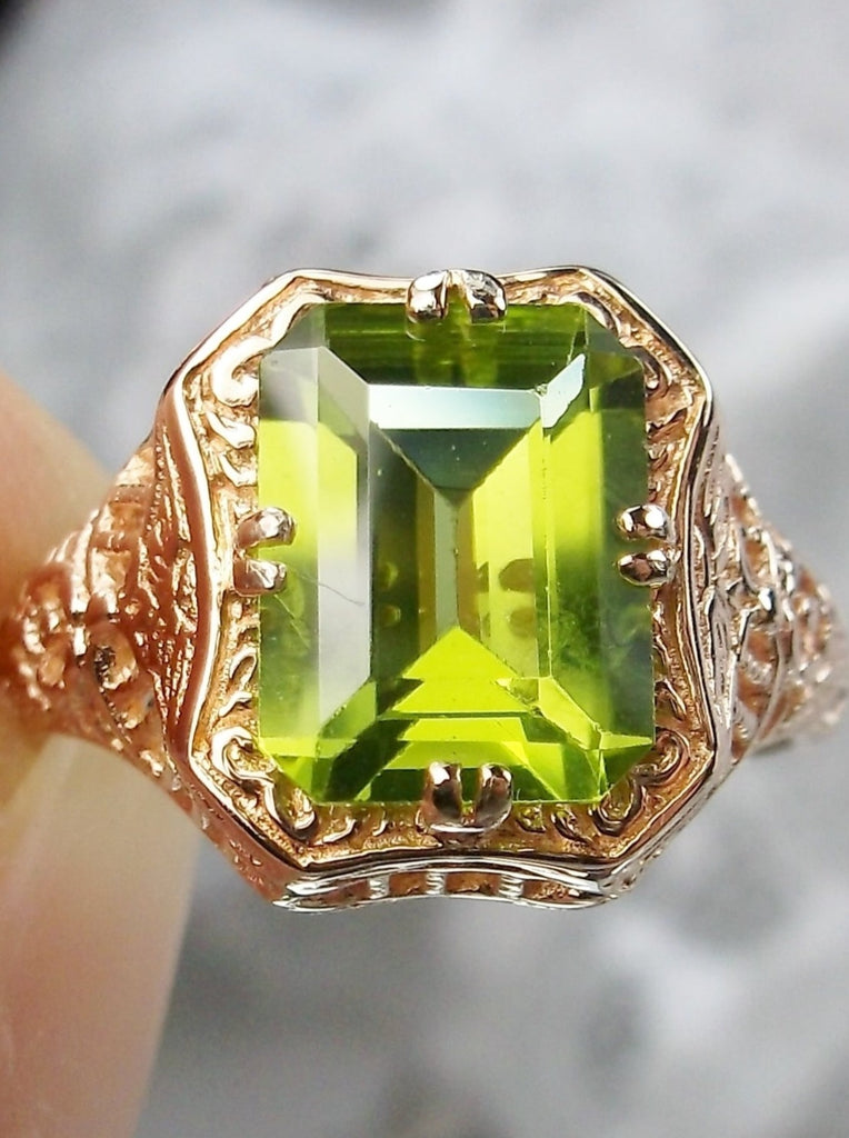 Natural Peridot Ring, Green Ring, Solid 14k Gold, Lovely Rectangle, Antique Filigree, Silver Embrace Jewelry D148