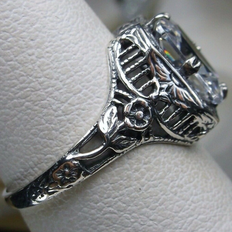 White CZ Ring, Lovely Rectangle Design, Sterling Silver Filigree, Edwardian Jewelry, Silver Embrace jewelry, D148 lovely rectangle