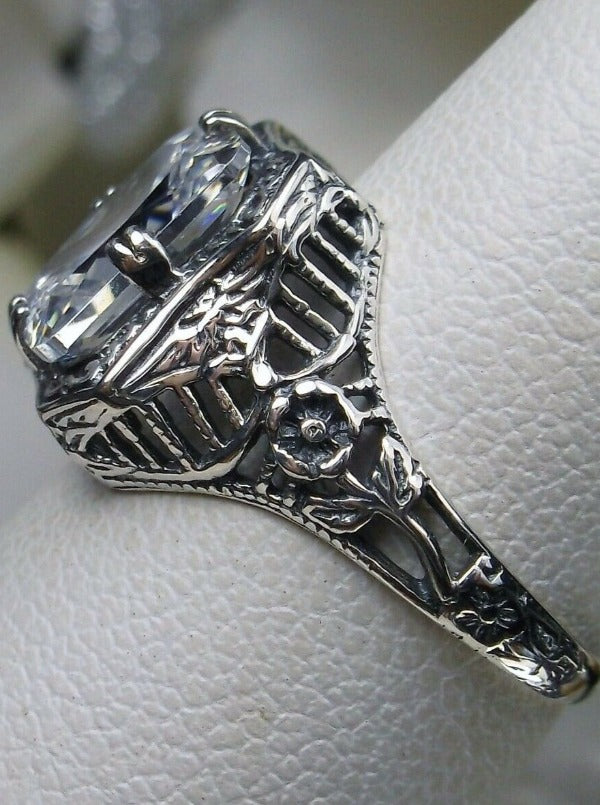 White Cubic Zirconia (CZ) Ring, Lovely Rectangle, Victorian Jewelry, Sterling Silver Filigree, Silver Embrace Jewelry D148