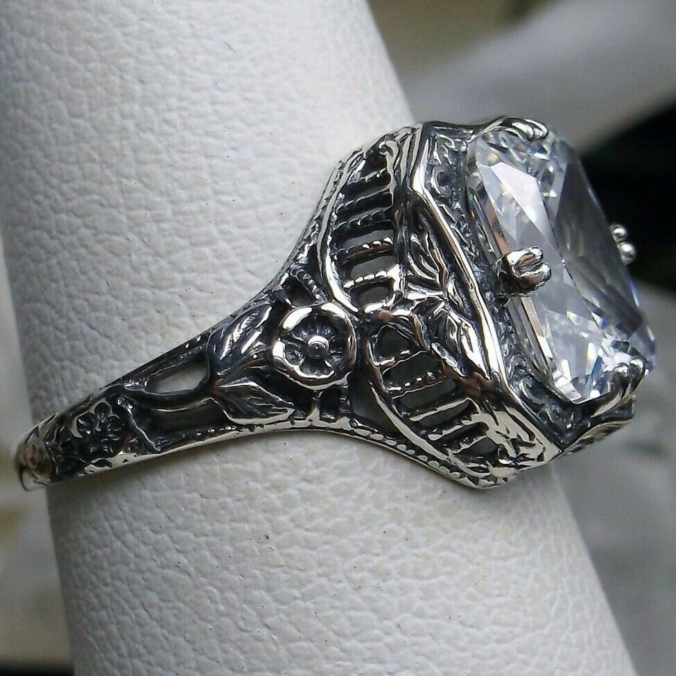 White CZ Ring, Lovely Rectangle Design, Sterling Silver Filigree, Edwardian Jewelry, Silver Embrace jewelry, D148 lovely rectangle