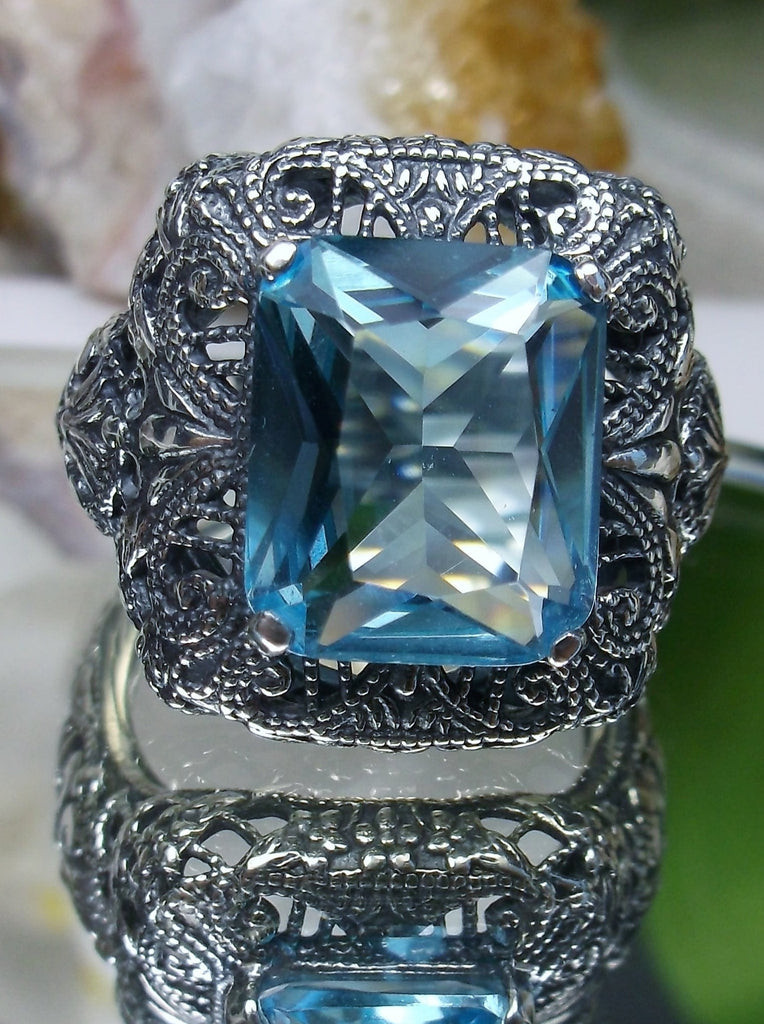 Sky Blue Aquamarine Ring, Rectangle Victorian Ring, Sterling Silver, Intricate Filigree, Silver Embrace jewelry, Antique Jewelry, D149 Intricate Ring
