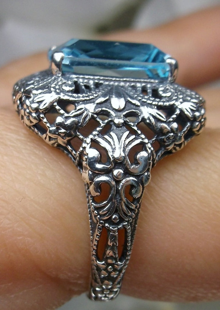 Sky Blue topaz Ring, Rectangle Victorian Ring, Sterling Silver, Intricate Filigree, Silver Embrace jewelry, Antique Jewelry, D149 Intricate Ring