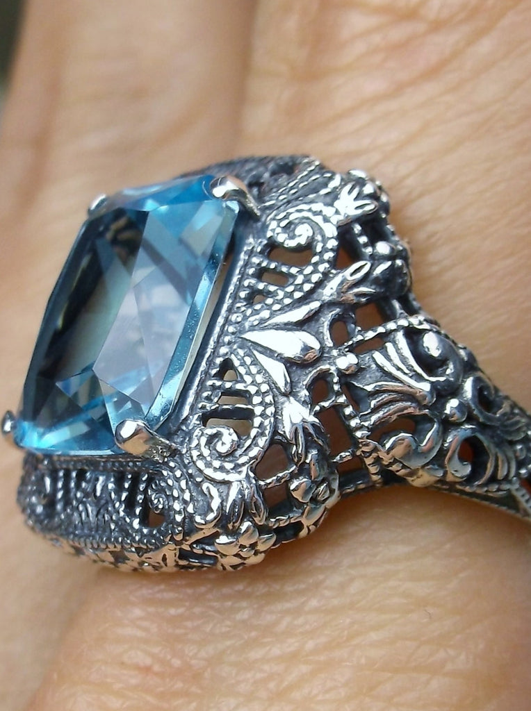 Sky Blue Aquamarine Ring, Rectangle Victorian Ring, Sterling Silver, Intricate Filigree, Silver Embrace jewelry, Antique Jewelry, D149 Intricate Ring