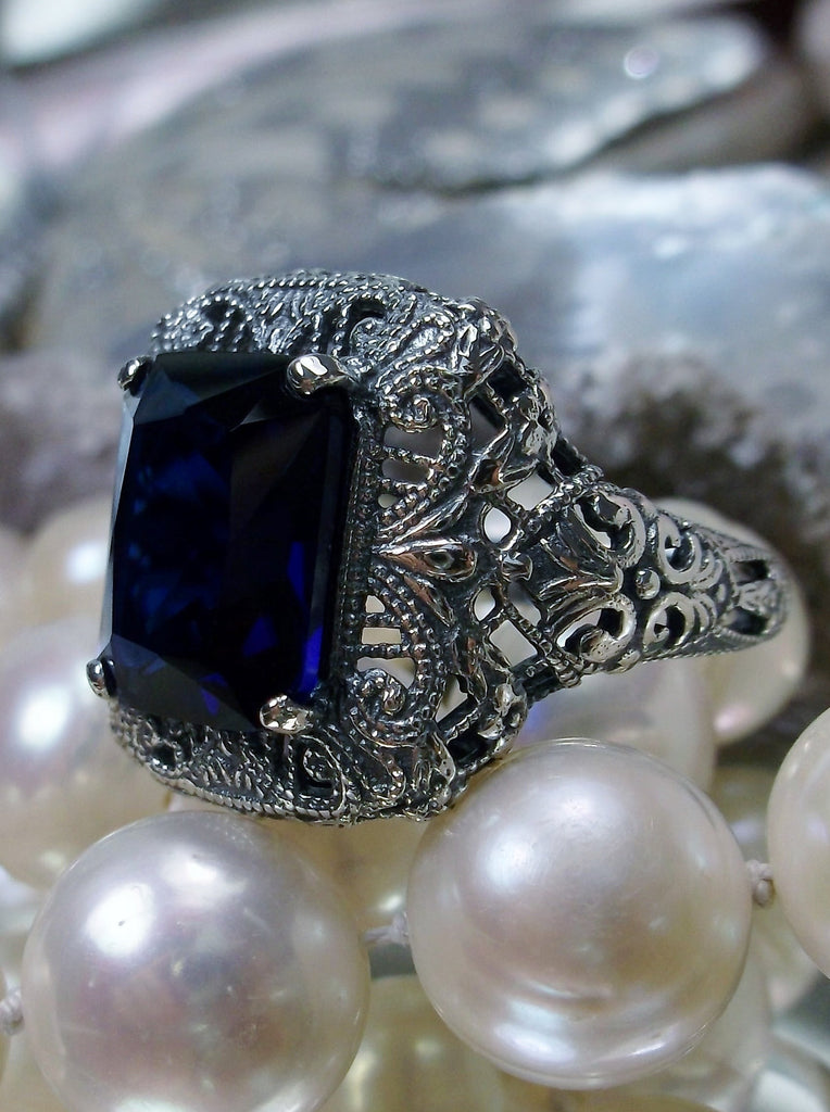 Blue Sapphire Ring, Rectangle Victorian Ring, Sterling Silver, Intricate Filigree, Silver Embrace jewelry, Antique Jewelry, D149 Intricate Ring