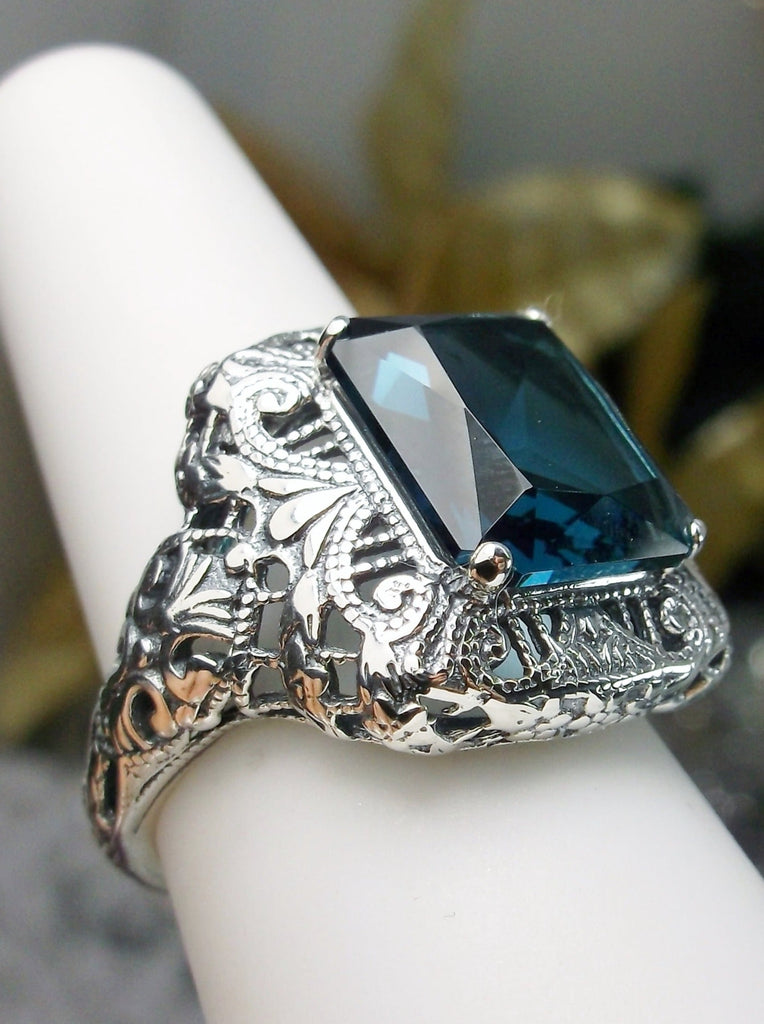 London Blue Topaz Ring, Rectangle Victorian Ring, Sterling Silver, Intricate Filigree, Silver Embrace jewelry, Antique Jewelry, D149 Intricate Ring