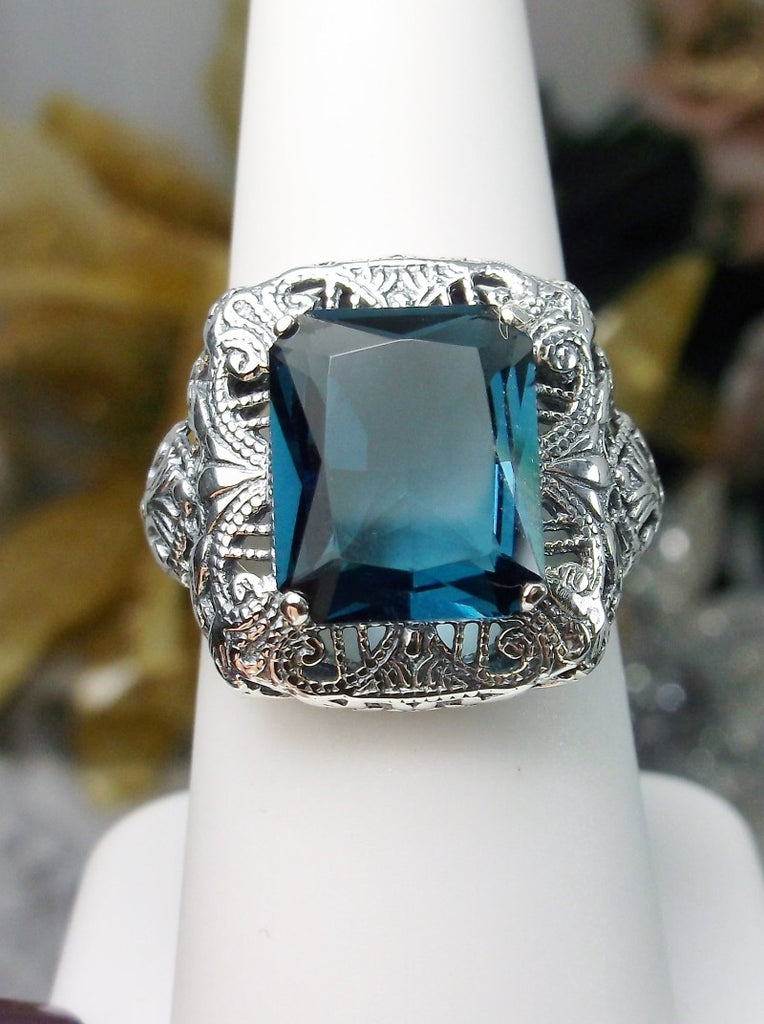 London Blue Topaz Ring, Rectangle Victorian Ring, Sterling Silver, Intricate Filigree, Silver Embrace jewelry, Antique Jewelry, D149 Intricate Ring