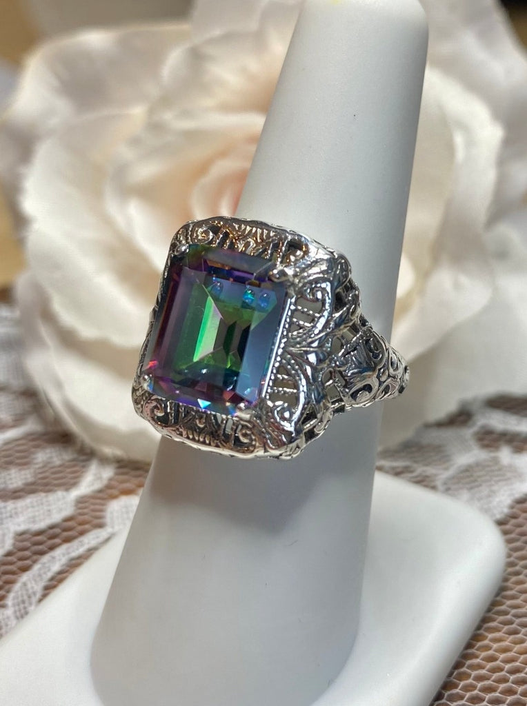 Mystic Topaz Ring, Rectangle Victorian Ring, Sterling Silver, Intricate Filigree, Silver Embrace jewelry, Antique Jewelry, D149 Intricate Ring