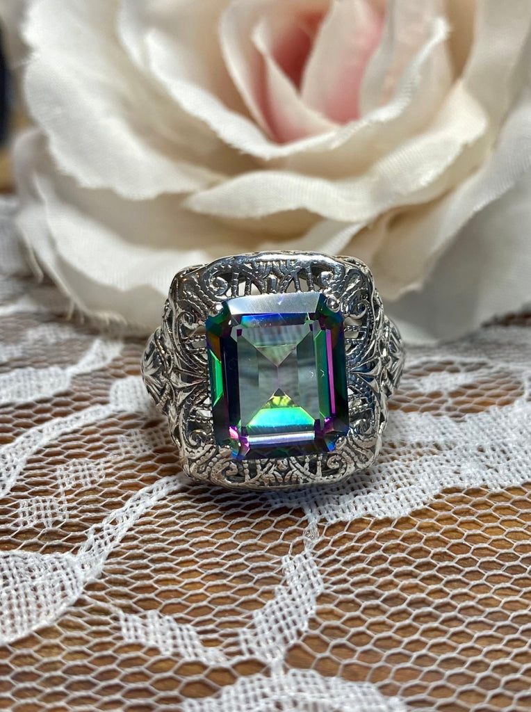 Natural Mystic Topaz Ring, Natural Rectangle Victorian Ring, Sterling Silver, Intricate Filigree, Silver Embrace jewelry, Antique Jewelry, D149 Intricate Ring