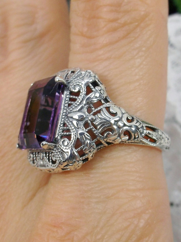 Natural Purple Amethyst Ring, Natural Rectangle Victorian Ring, Sterling Silver, Intricate Filigree, Silver Embrace jewelry, Antique Jewelry, D149 Intricate Ring