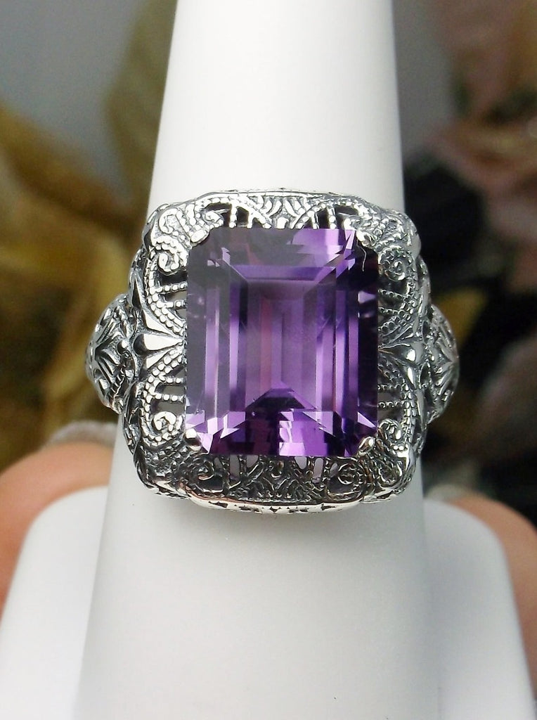 Purple Amethyst Ring, Rectangle Victorian Ring, Sterling Silver, Intricate Filigree, Silver Embrace jewelry, Antique Jewelry, D149 Intricate Ring